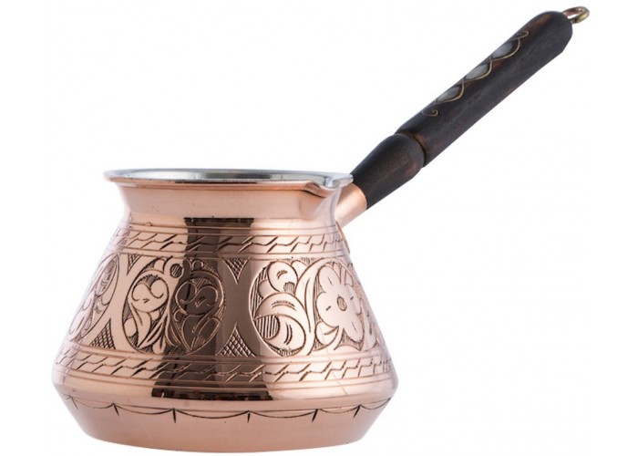 14 Oz Copper Turkish Greek Arabic Engraved Coffee Pot Stovetop Coffee Maker Cezve Ibrik Briki with Wooden Handle 