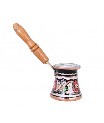 Copper Handpainted Copper Turkish Greek Arabic Coffee Pot Stovetop Coffee Maker Cezve Ibrik Briki with Wooden Handle